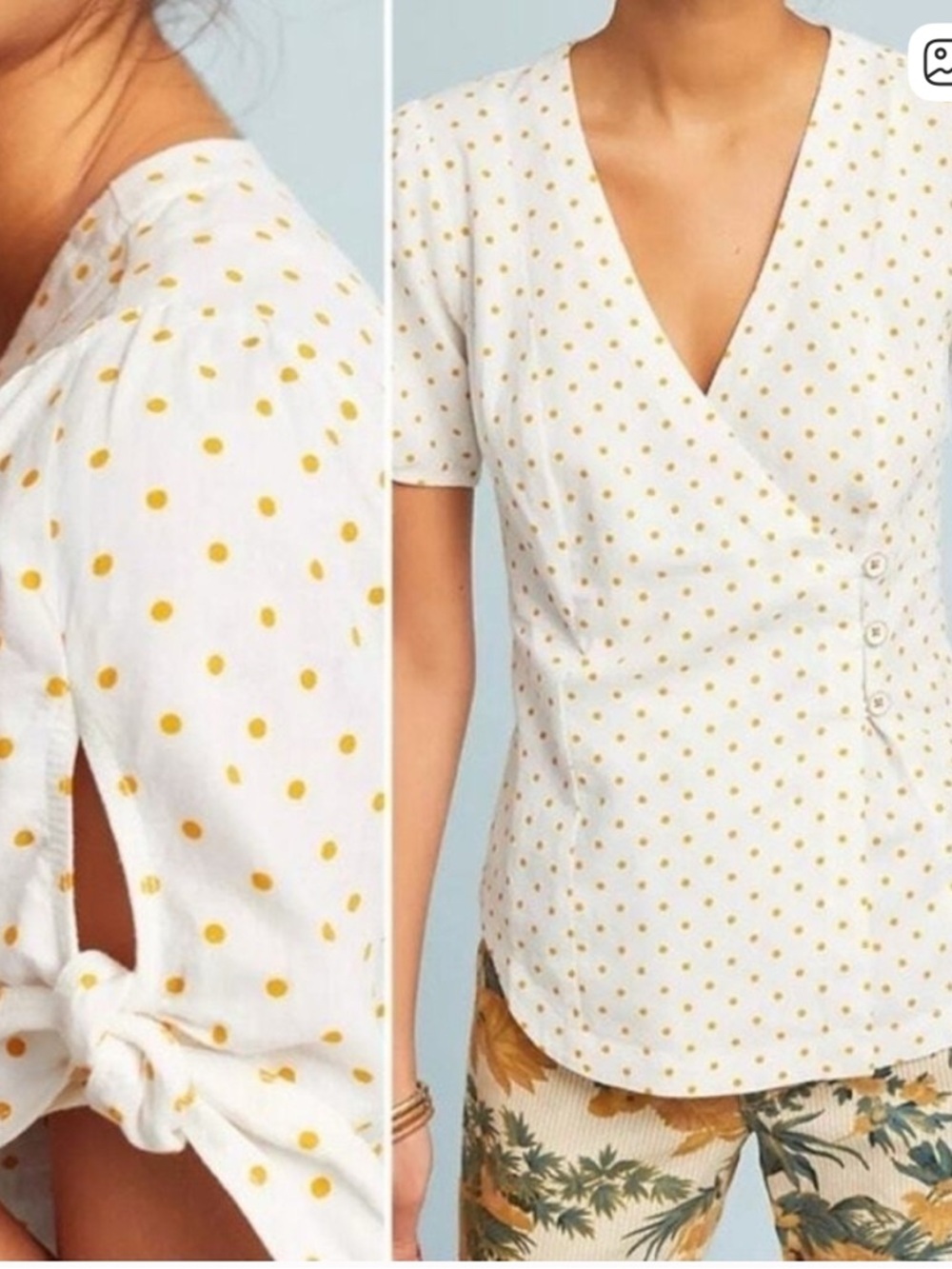 Anthropologie White Wrap Blouse with Yellow Polka Dots